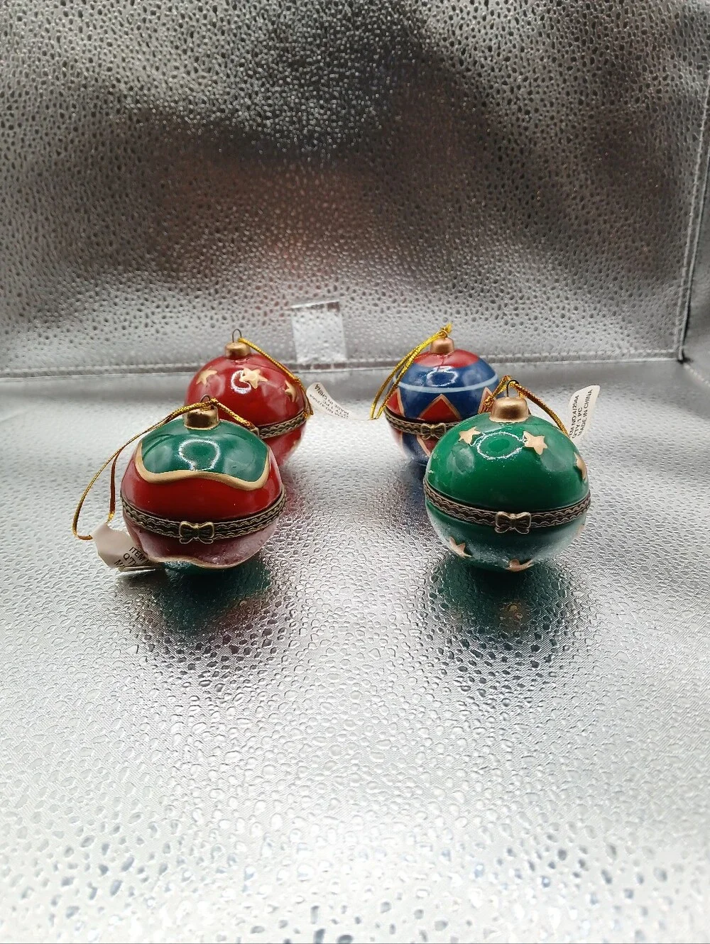 Porcelain Decorative Holiday Ornament Set - Green, Red, Blue Hinged Trinket